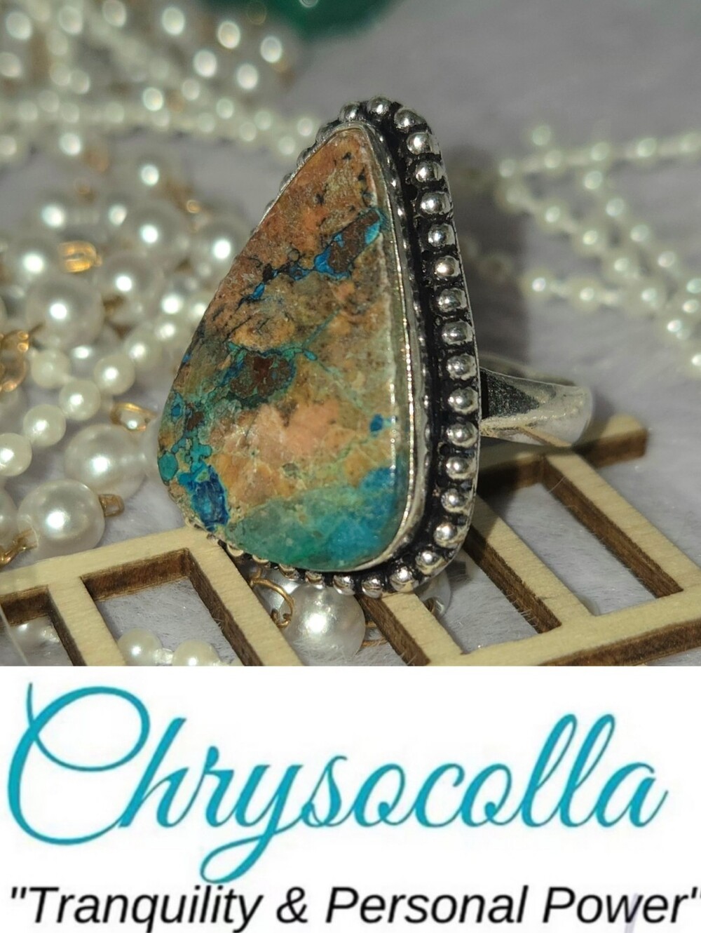 Sublime Chrysocolla Gemstone Dainty Handmade Halo Ring Size 10